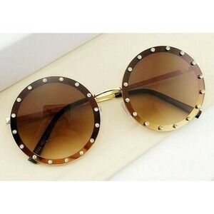 Round Sunglasses Women, Rhinestone Accent, Brown Lens, Fashion Shades‎ UV400 New